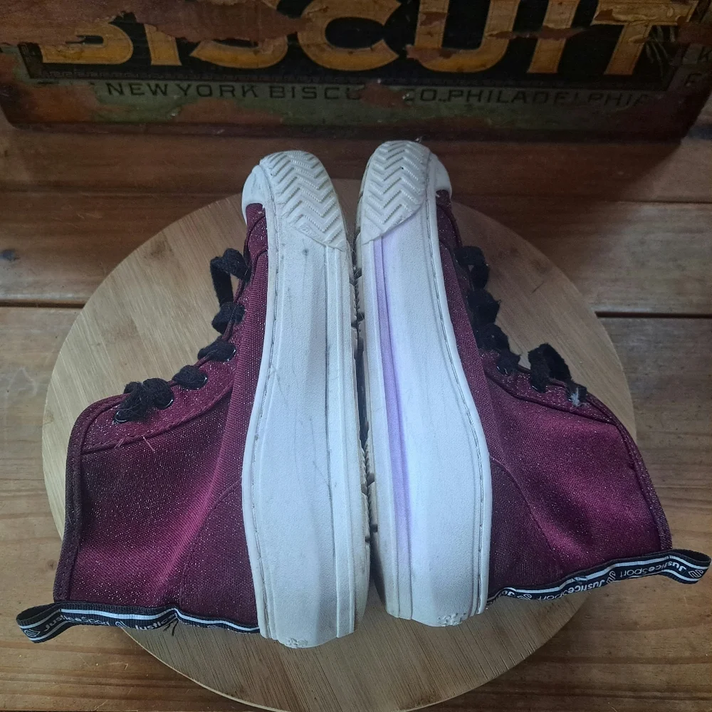 Justice Kids High Top Sneakers Size 4 Burgundy Glitter Lug Sole Casual Shoes